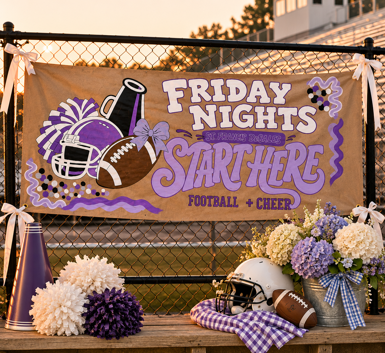 Styled Honey & Lily hand-painted football and cheer banner